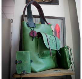 Leather Zuza set with wallet and a clutch bag with wide straps Green, Plum and Navy Blue made by Ladybuq