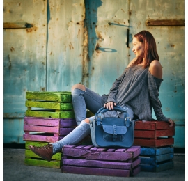 Natural leather original bag Kuferek in Navy Blue colour made by Ladybuq Art