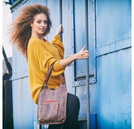 Leather original bag Small Ladybuq in Vintage Brown colour with red accents and straps with handstitched accents