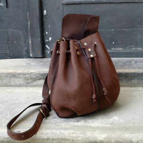 Maja in unique chocolate brown colour sack shaped bag in set with sachete and long shoulder strap made by Ladybuq Art