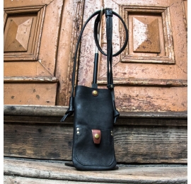Phone case with long adjustable strap made by Ladybuq Art colour Black, leather handmade phone sleeve