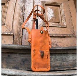 Leather handmade phone sleeve made by Ladybuq Art, Orange colour