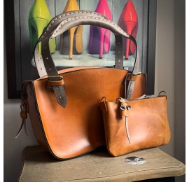Kuferek bag with clutch, leather set in Camel color with Grey handles