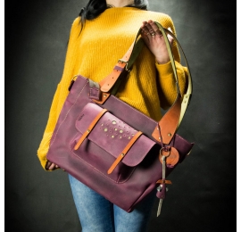 Oryginalna skórzana torba w kolorze Buraczkowym z kolorowymi akcentami, ręcznie wykonana torba od Ladybuq
