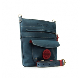 Leather woman purse Babette in Navy Blue and Raspberry colors with long, adjustable shoulder strap
