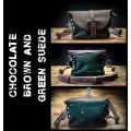 Leather woman fanny pack in Chocolate Brown color with Green suede