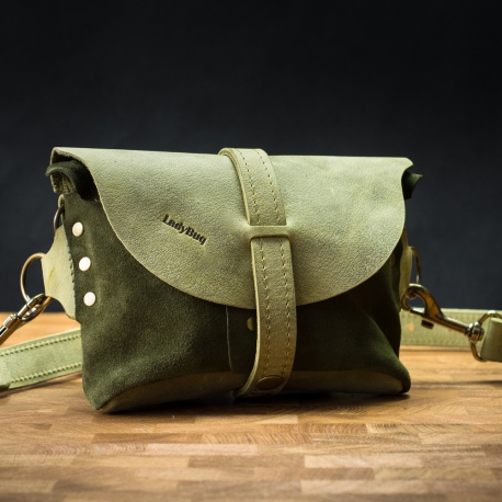 Leather fanny pack/shoulder bag in Lime color with Khaki colored suede