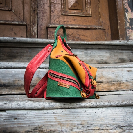 multicolor backpack made out of natural leather, backpack and shoulder bag in one
