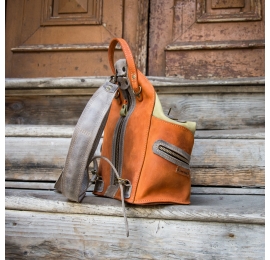Leather handmade backpack or shoulder bag in Orange and Lime colors made by Ladybuq