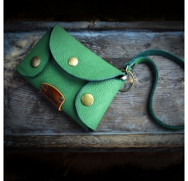 Leather key holder in Green color with comfortable wristlet strap made by Ladybuq Art