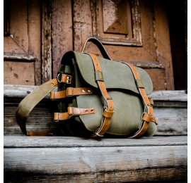 Handmade leather backpack made out of natural leather in Khaki and Camel color with additional shoulder strap
