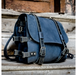 Leather travel backpack in Navy Blue color with Black accents and comfortable divider inside made by Ladybuq