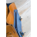 large backpack that can be also worn on shoulder or in the hand in camel and blue colors made by ladybuq