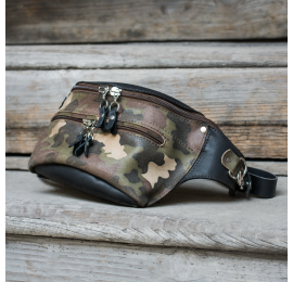 Leather fanny pack in Brown color with camo pattern by Ladybuq Art