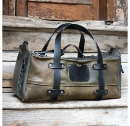 Leather weekender bag in khaki & gray color handmade in classic style by ladybuq Art