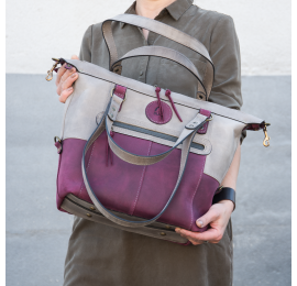 Original Claret and Grey color leather woman handbag made by Ladybuq