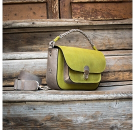 Lara leather handbag made of leather in lime and grey accents by LadyBuq Art