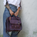 Original leather handbag in plum color  with tied straps from LadyBuq Art
