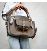 Handmade natural leather tote bag with a pocket, a strap and a clutch brown and grey