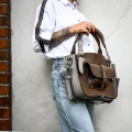 Handmade natural leather tote bag with a pocket, a strap and a clutch brown and grey
