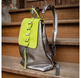 Handcrafted leather silver and green color backpack