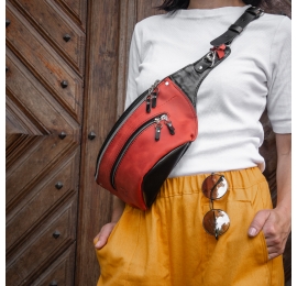 Kidney bag black and red colors with hand sewed elements made by Ladybuq Art