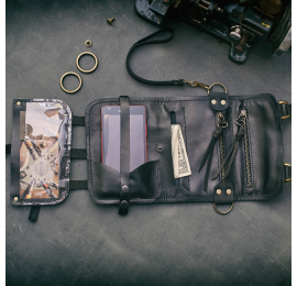 Schwarze Lederbrieftasche mit Handytasche und langem, abnehmbarem Umhängeband