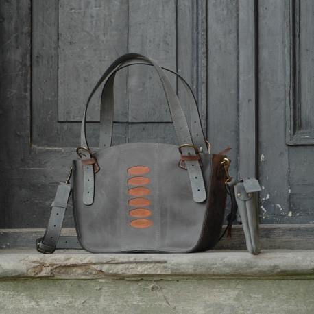 Kuferek bag in grey colour with ornamental ellipses in ginger colour, set bag with a clutch