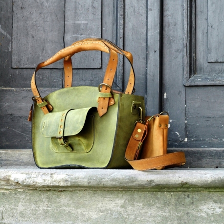 Natural leather unique tote bag with a pocket, a strap and a clutch lime and whiskey