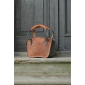 Leather bag Kuferek in ginger colour with grey accents with a strap and a clutch made by Ladybuq Art