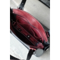 Leather Bag Kuferek with a strap and a clutch, black and raspberry