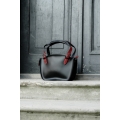 Leather Bag Kuferek with a strap and a clutch, black and raspberry