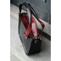 Leather Bag Kuferek with a strap and a clutch, black and raspberry