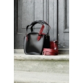 Leather Bag Kuferek with a strap and a clutch, black and raspberry