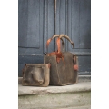 Natural leather handmade tote bag with a clutch khaki and orange