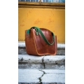 Handmade leather bag "Kuferek" Camel with green straps color Size L made by Ladybuq Art